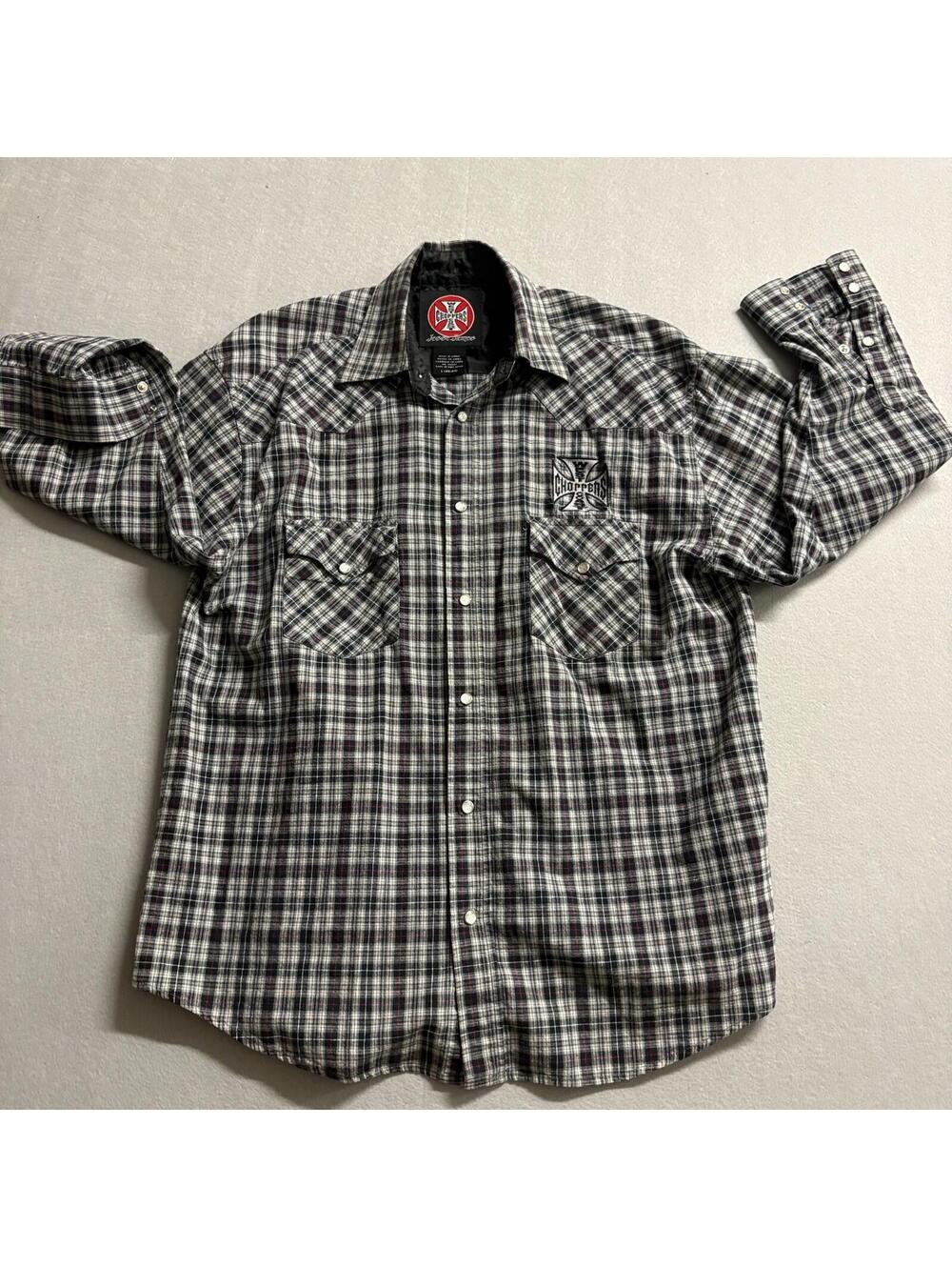 West Coast Choppers Plaid Snap Shirt Mens L Biker Y2K Grunge Workwear